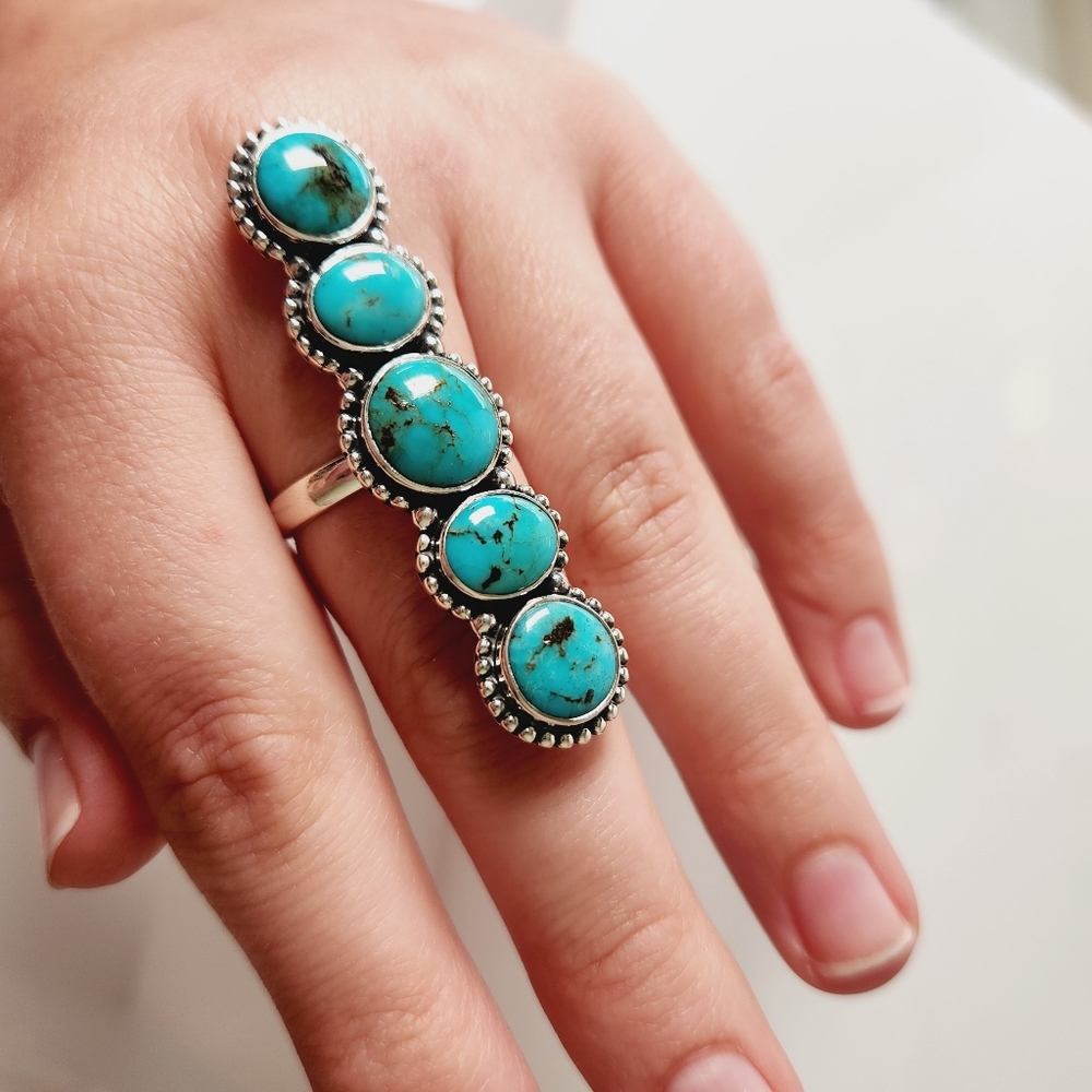 Long Turquoise Solid Sterling Silver Adjuatable Ring